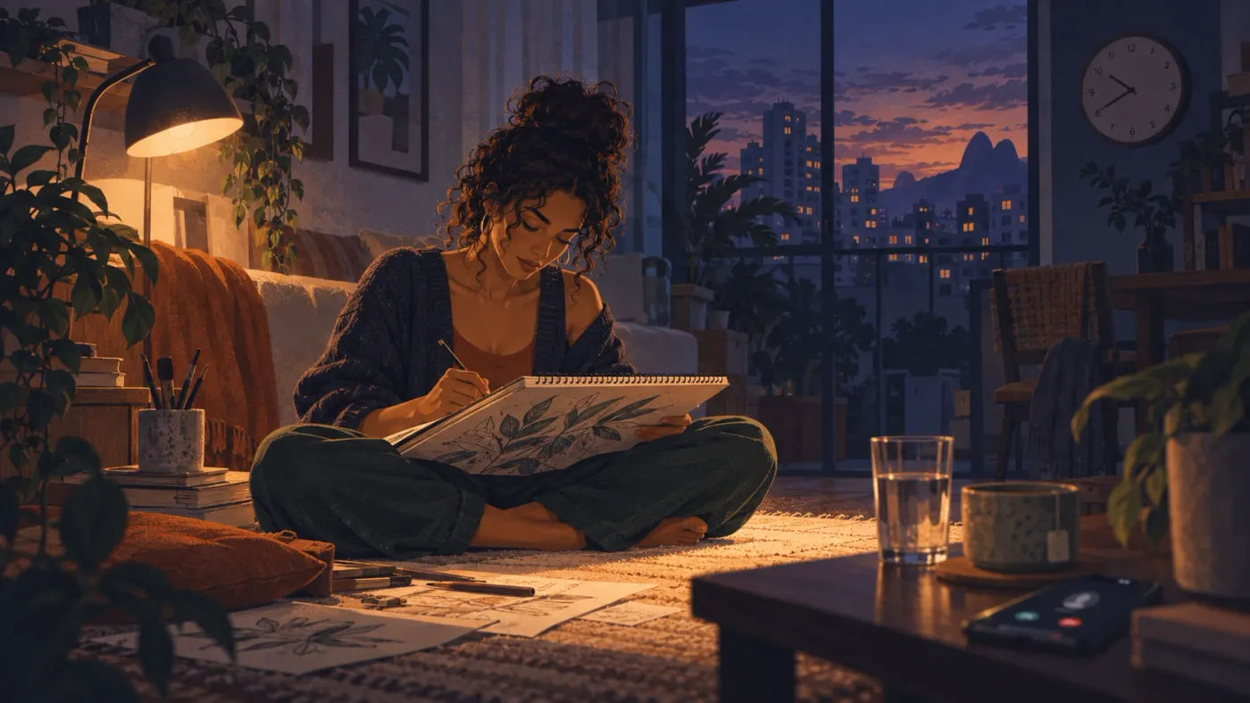 Mulher desenha absorta no tapete da sala sob a luz do abajur; ao lado, água, chá, relógio e um celular tocando esquecidos.