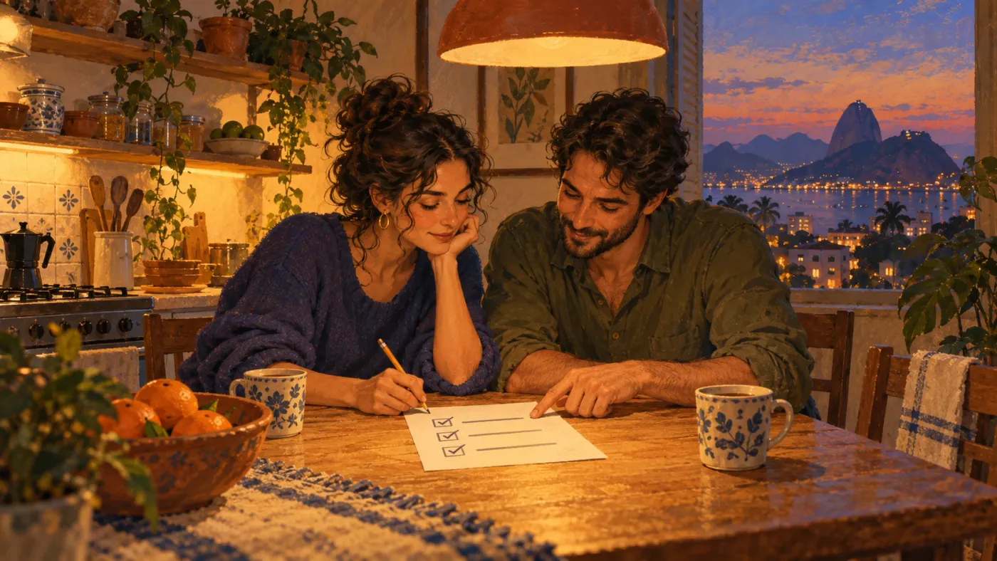 Casal à mesa da cozinha à noite, marcando juntos uma lista de tarefas combinadas numa única folha.