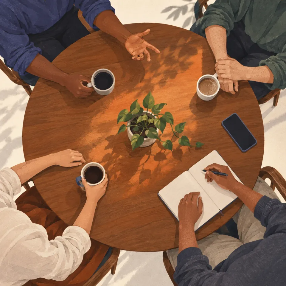 Vista de cima de uma mesa redonda com quatro adultos conversando entre xícaras de café, um caderno e um celular.